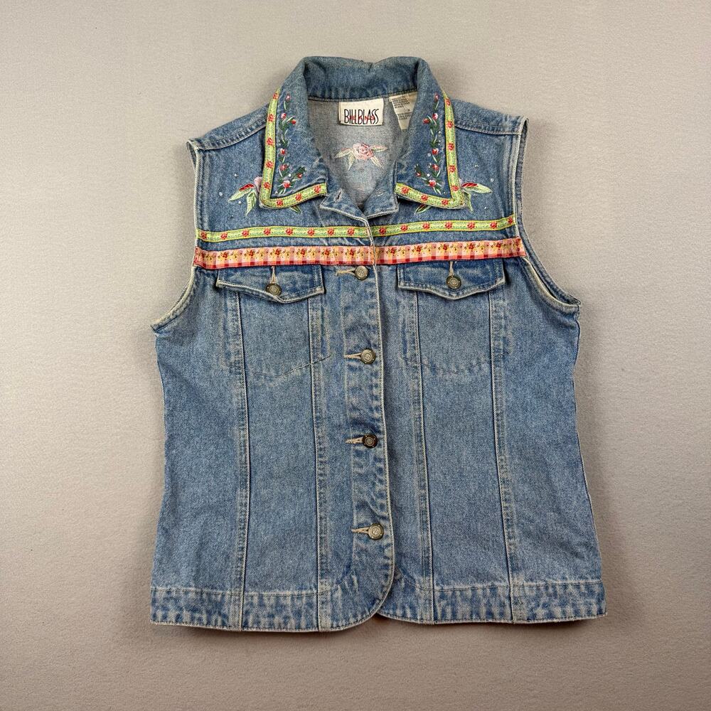 Bill Blass Floral Embroidered Denim Vest - Medium